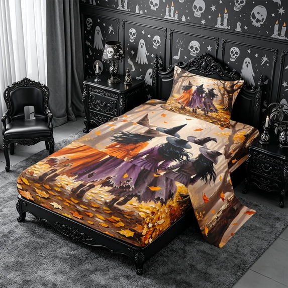 Erosebridal Witches Walk Twin Sheets 3pcs,Autumn Witch Bedding,Multi,1 Flat Sheet, 1 Fitted Sheet and 1 Pillowcase