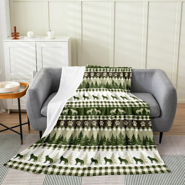 Erosebridal Wolf Animal Fuzzy Blanket Queen 90x90,Geometric Bear Paw Print Luxury Soft Throw Blanket,Botanical Pine Tree Woodland Fleece Blanket,Rustic Checkered Buffalo Plaid Bed Blanket