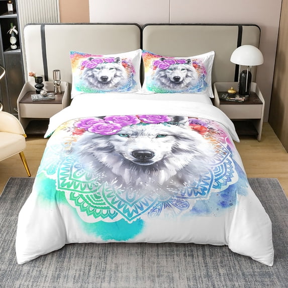 Erosebridal Wolf Bedding Set Lotus Tie Dye Comforter Cover Mandala Flower Exotic Tribal Duvet Cover Green Eyes Wild Animal Marble Bedspreads Cover 3Pcs Queen Size Purple Pink