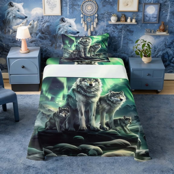 Erosebridal Wolf Family Aurora River Print Twin Sheet Sets, 3D Wildlife Bedding for Men and Women, 1 Flat Sheet, 1 Fitted Sheet and 1 Pillowcase