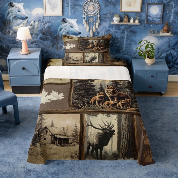 Erosebridal Wolf Family Cabin Patchwork Print Twin Sheet Sets, Rustic Lodge Bedding for Men and Women, 1 Flat Sheet, 1 Fitted Sheet and 1 Pillowcase