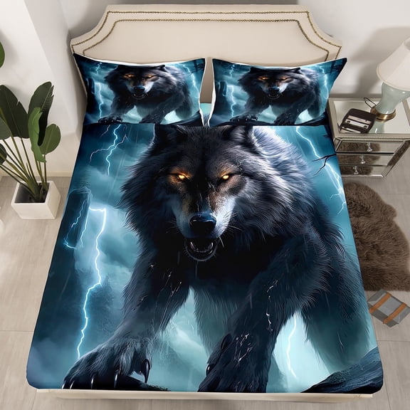 Erosebridal Wolf Fitted Sheet Twin Size Adults,3D Animal Print Wolf Bedding Set Gothic Home Decor,Hunting Safari Sheets Lightning Bed Cover Set