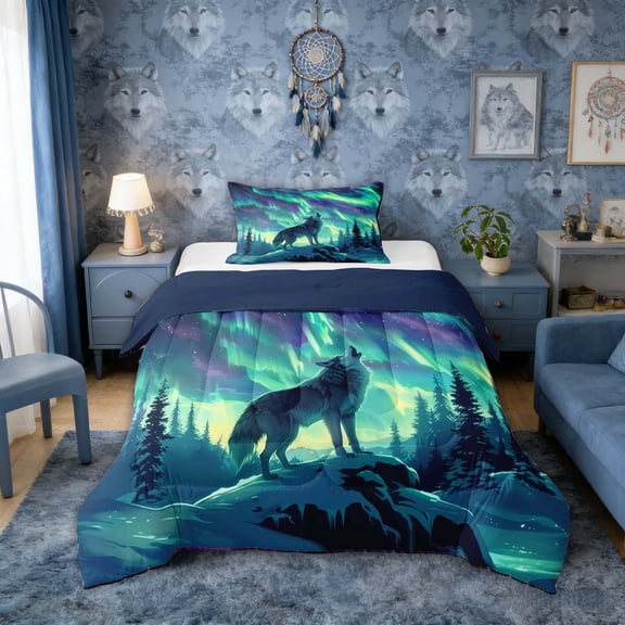 Erosebridal Wolf Howling at Aurora Borealis Print Twin Comforter Sets, Northern Lights Bedding Set for Men and Women, Navy Reversible 2 Pieces, 1 Comforter and 1 Pillowcase