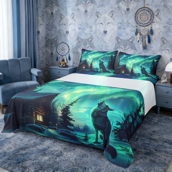 Erosebridal Wolf Howling at Aurora Cabin Print Full Size Sheets, Northern Lights Bed Sheets for Men and Women, 1 Flat Sheet, 1 Fitted Sheet and 2 Pillowcases