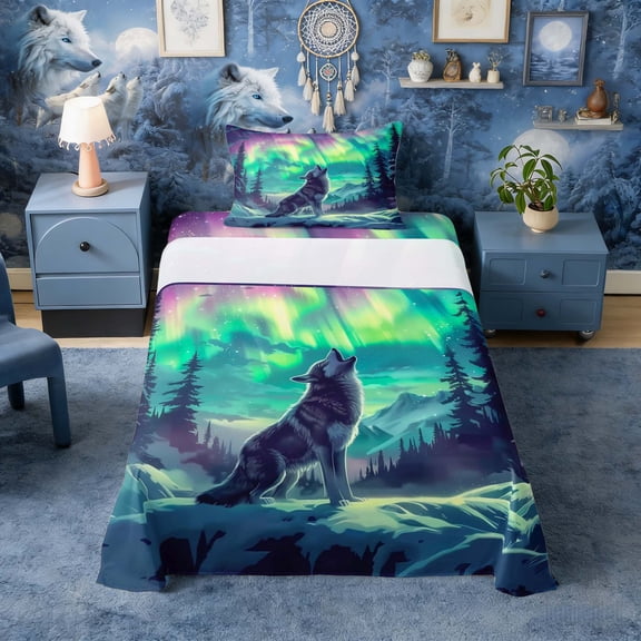 Erosebridal Wolf Howling at Teal Purple Aurora Print Twin Sheet Sets, Wild Animal Bedding for Men and Women, 1 Flat Sheet, 1 Fitted Sheet and 1 Pillowcase