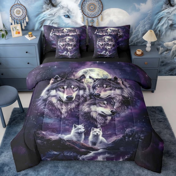 Erosebridal Wolf Pack Purple Galaxy Moon Print Bedding Comforter Set, Celestial Wildlife Queen Bedding Sets for Men and Women, Black Reversible 7pcs