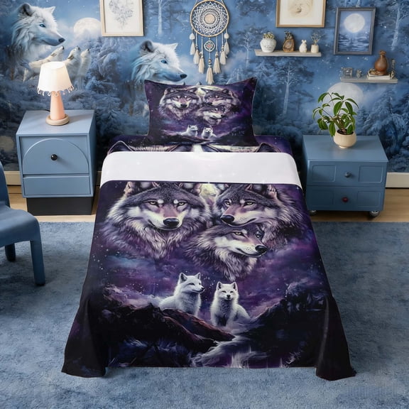 Erosebridal Wolf Pack Purple Galaxy Moon Print Twin Sheet Sets, Celestial Wildlife Bedding for Men and Women, 1 Flat Sheet, 1 Fitted Sheet and 1 Pillowcase