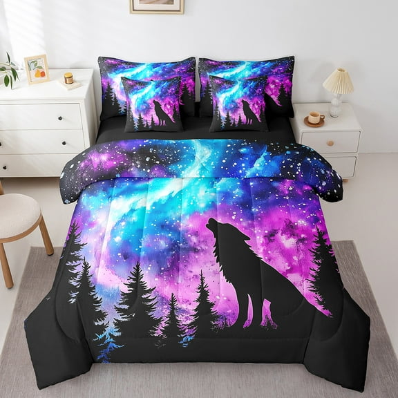Erosebridal Wolf Print Bedding King Size, Jungle Animal Bedding Sets King Size, Psychedelic Galaxy Reversible Bed Set, Microfiber Bedroom Decorative, 7pcs