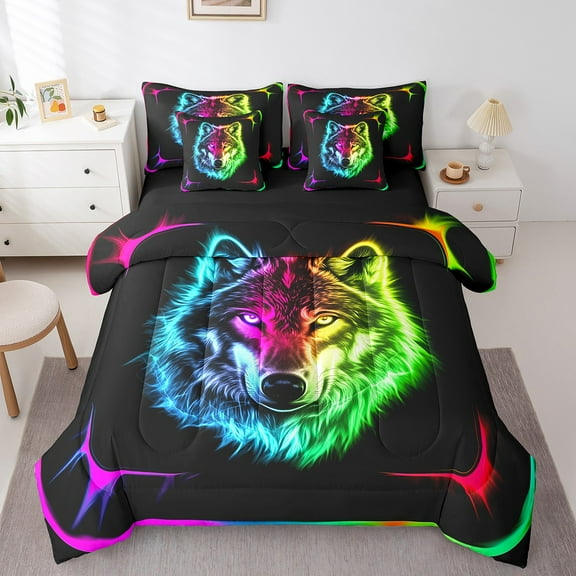 Erosebridal Wolf Print Bedding Sets, Cool Animal Comforter Sets with Sheets, Woodland Wildlife Reversible Bed Sheets Set, Lightweight Bedroom Decor, 7pcs