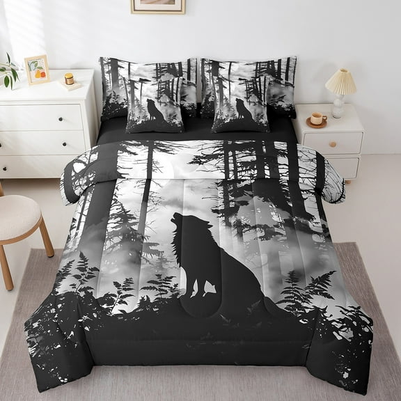 Erosebridal Wolf Print Bedding Twin Size, Jungle Animal Bedding Sets Twin Size, Teens Adult Reversible Bed Set, Ultra Soft Room Decoration, 7-Piece