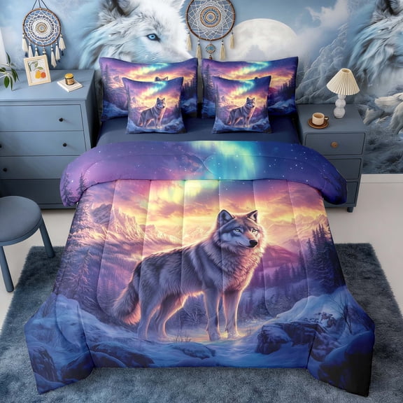 Erosebridal Wolf Purple Orange Aurora Print Twin Bedding Sets, Sunset Mountain Bedding Comforter Set for Men and Women, Navy Reversible 7 Pieces