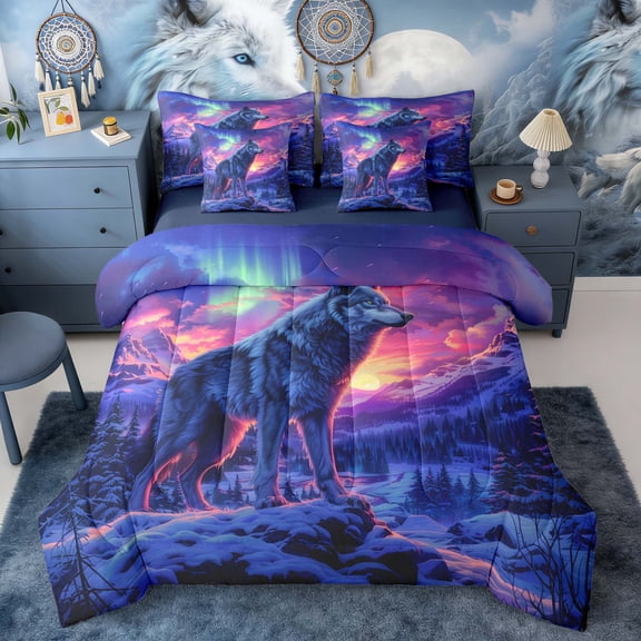 Erosebridal Wolf Purple Pink Aurora Print Twin Bedding Sets, Winter Sunset Bedding Comforter Set for Men and Women, Navy Reversible 7pcs