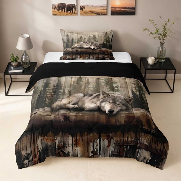 Erosebridal Wolf Twin Comforter Sets, Forest Cabin Bedding Set, Black Reversible 2 Pieces 1 Comforter and 1 Pillowcase