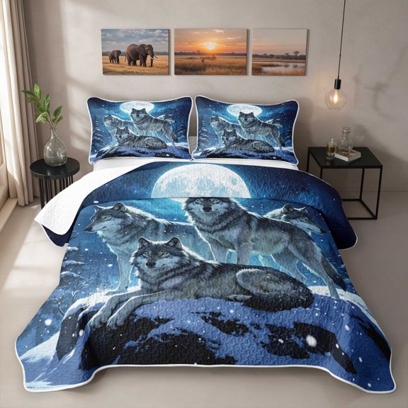 Erosebridal Wolf Twin Quilt Set, Full Moon Snow Twin Coverlet Set, 2pcs 1 Bedspread and 1 Pillowcase