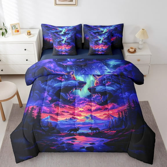 Erosebridal Wolf Wolves Howling Bedding King Size,Colorful Chic Aurora Mountain Bed Set,Woodland Animal Bedding Sets King Size,Super Cozy Room Decoration Reversible,7pcs