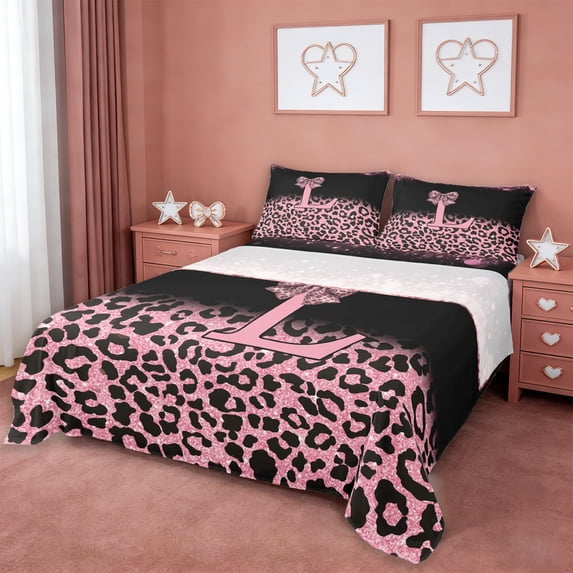 Erosebridal Women Cheetah Printed Full Size Sheets,Pink Sequin Print Bow Monogrammed L Bed Sheets For Girls Kids 4 Pieces