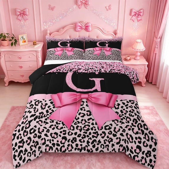 Erosebridal Women Cheetah Printed Queen Comforter Set,Leopard Pattern Letter G Initial Theme Bedding Comforter Set For Girls Kids,Black Reversible,3-Piece