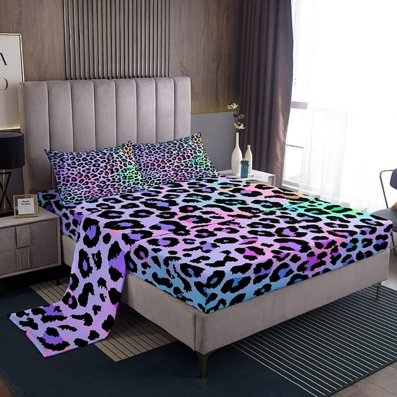 Erosebridal Women Cheetah Printed Sheet Set Full Size, Colorful Leopard Printed Bed Sheets Africa Leopard Pattern Decorative Fitted Sheet Woman, Soft Microfiber Top Sheet