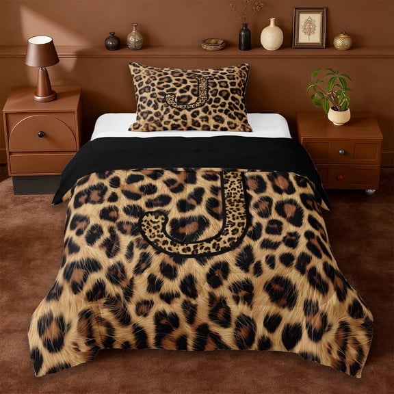 Erosebridal Women Cheetah Printed Twin Comforter Sets,Brown Leopard Pattern Monogrammed J Bedding Set For Adults,Reversible Black 2pcs