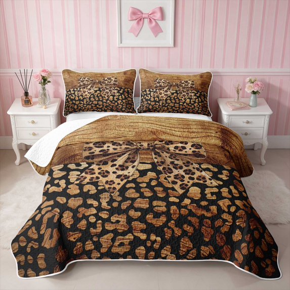 Erosebridal Wood Grain Leopard Bow Bed Spread Queen for Girls, Rustic Cheetah Animal Print Queen Coverlet Set, 3 Pieces 1 Quilt and 2 Pillowcases
