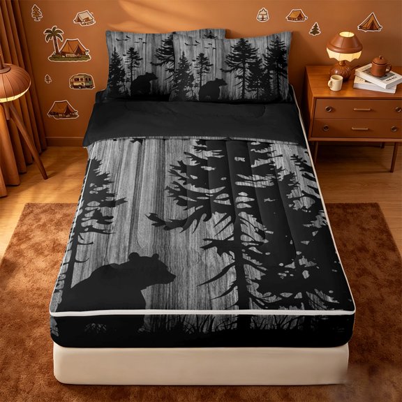 Erosebridal Wood Pine Bear Silhouette Zipper Twin Comforter Sets with Fitted Sheet and 2 Pillowcases,Tree Bird Rustic Zipper Bedding Set For Boys,Black Reversible,4-Piece