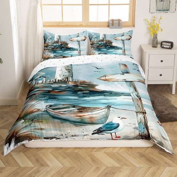 Erosebridal Wooden Boat Duvet Cover Twin, Beach Marine Bedding Sets Twin Size, Sea Bird Decor, Reversible 2 Pieces（No Comforter）
