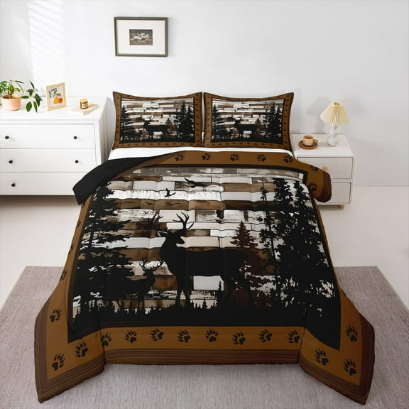 Erosebridal Woodland Animal Deer Elk Comforter Sets Twin Size,Rustic Lodge Comforters & Duvets,Brown Bedding Twin Comforter Set For Hunter,Lightweight Room Decor Reversible,2pcs