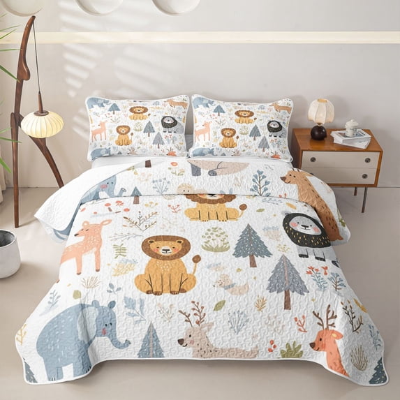 Erosebridal Woodland Animal Lion Quilt Full for Girls, Cartoon Pine Tree Full Bedspread Sets, 3 Pieces
