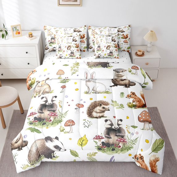 Erosebridal Woodland Animal Wildlife Bedding Queen Size, Hedgehog Squirrel Duvet Set, Ultra Soft 7-Piece