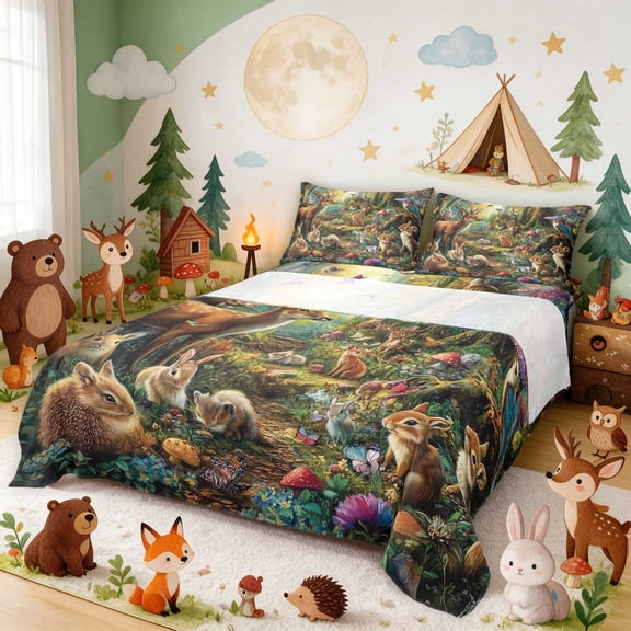 Erosebridal Woodland Animals Bed Sheets for Boys Girls, Enchanted Forest Full Size Sheets, 4 Pieces 1 Flat Sheet 1 Fitted Sheet and 2 Pillowcases