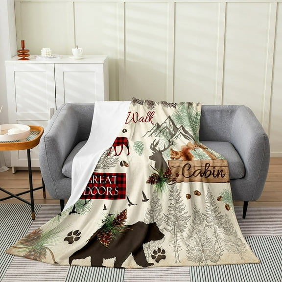 Erosebridal Woodland Animals Blanket Cabin Throw Blanket Throw 50x60 Inch,Wild Bear Moose Elk Deer Fleece Blanket Pine Trees Rustic Wildlife Red Lattice Checked Plaid Christmas Reindeer Farm Decor