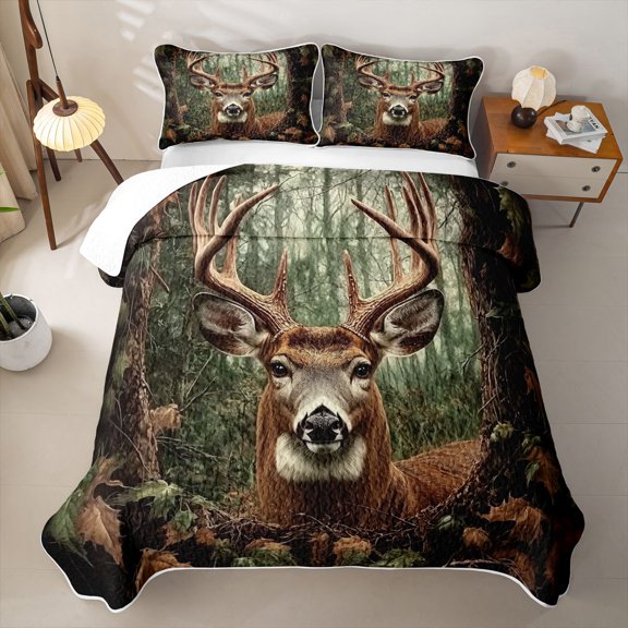 Erosebridal Woodland Animals Moose Twin Quilt Set,Autumn Maple Deer Twin Coverlet Set For Boys,2 Pieces