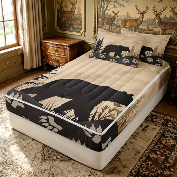 Erosebridal Woodland Bear Silhouette Zipper Twin Comforter Sets with Fitted Sheet and 2 Pillowcases for Women Men, Pine Tree Scenery Print Zipper Bedding Set, Black Reversible, 4pcs