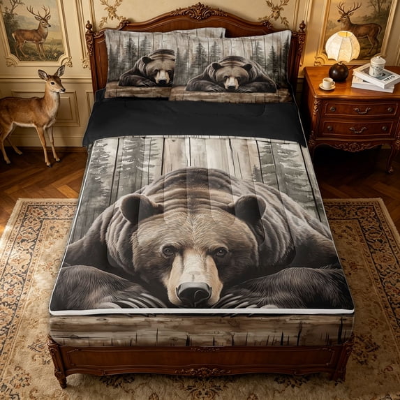 Erosebridal Woodland Brown Bear Zipper Twin Comforter Sets with Fitted Sheet and 2 Pillowcases for Boys Men, Rustic Forest Tree Zipper Bedding Set, Black Reversible, 4pcs