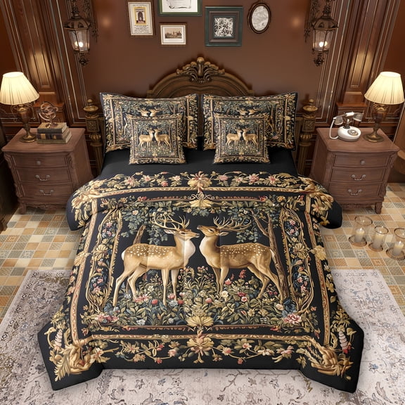 Erosebridal Woodland Deer Bedding Comforter Set, Vintage Flower Floral Queen Bedding Sets, Black Reversible, 7pcs