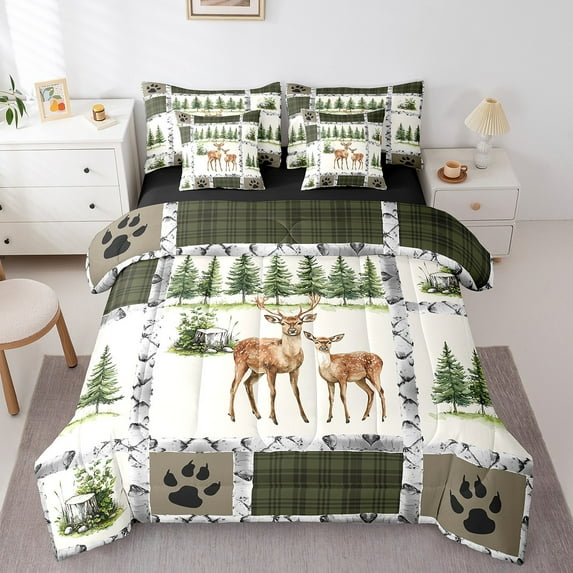 Erosebridal Woodland Deer Bedding King Size, Retro Farmhouse Lodge Cabin Comforter Sets with Sheets, Reversible 7-Piece