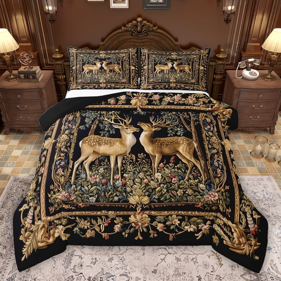 Erosebridal Woodland Deer Queen Comforter Set, Vintage Flower Floral Bedding Comforter Set, Black Reversible, 1 Comforter and 2 Pillowcases