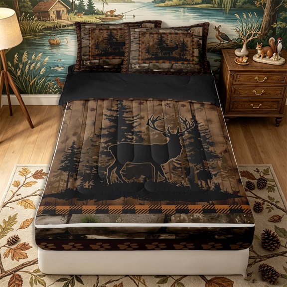 Erosebridal Woodland Deer Silhouette Zipper Twin Comforter Sets with Fitted Sheet and 2 Pillowcases,Pine Tree Print Zipper Bedding Set,Brown Orange,Black Reversible