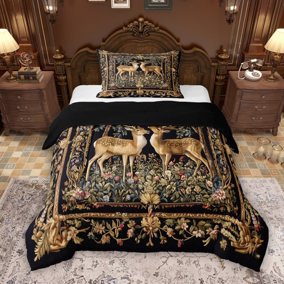 Erosebridal Woodland Deer Twin Comforter Sets, Vintage Flower Floral Bedding Set, Black Reversible, 1 Comforter and 1 Pillowcase