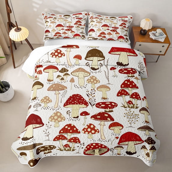 Erosebridal Woodland Mushroom Twin Quilt Set,Red Cartoon Fungus Print Twin Coverlet Set For Girls,2 Pieces