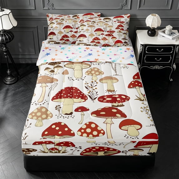 Erosebridal Woodland Mushroom Zipper Twin Comforter Sets with Fitted Sheet and 2 Pillowcases,Red Cartoon Fungus Print Zipper Bedding Set For Girls,Colorful Stars Reversible,4 Pieces
