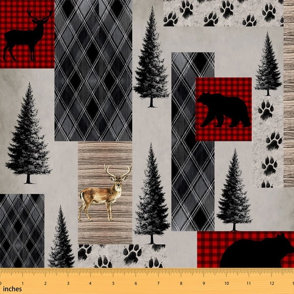 Erosebridal Woodland Patchwork Fabric by the Yard 2 Yards, Deer Bear Pine Tree Plaid Pattern Sewing Fabric