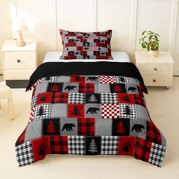 Erosebridal Woodland Wildlife Bears Twin Comforter Sets 3-Piece For Boys,Teens Black Red Geometric Grid Bedding Set,Black Reversible