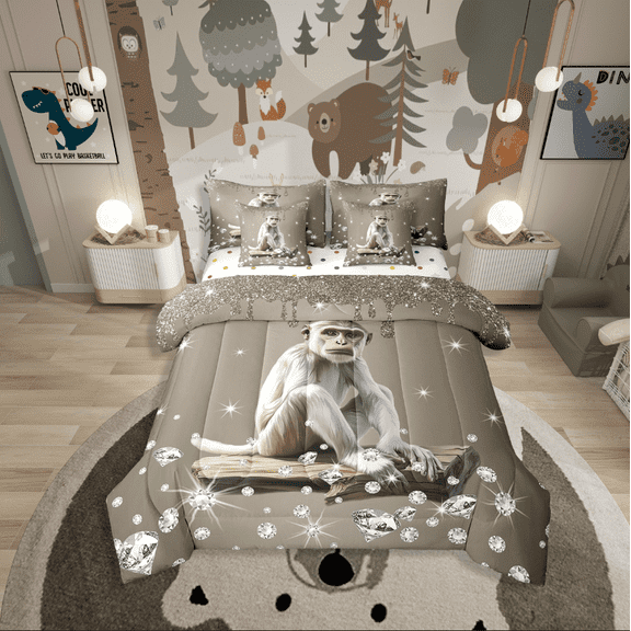 Erosebridal Woodland Wildlife Monkey Bedding Sets Twin Size,Crystal Sequin Print Comforter Sets With Sheets,Bling Decor,Reversible,Breathable,7Pcs