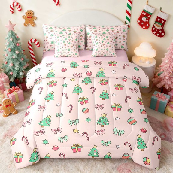 Manfei Wreath Twin Bedding 7pcs Holiday Bedding Comforter Set, Red Green, Pink Reversible
