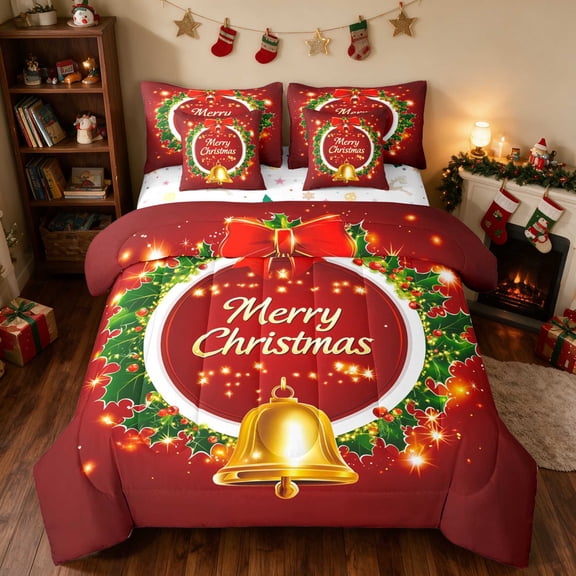 Manfei Wreath Twin Bedding 7pcs Holiday Bedding Comforter Set, Xmas Reversible