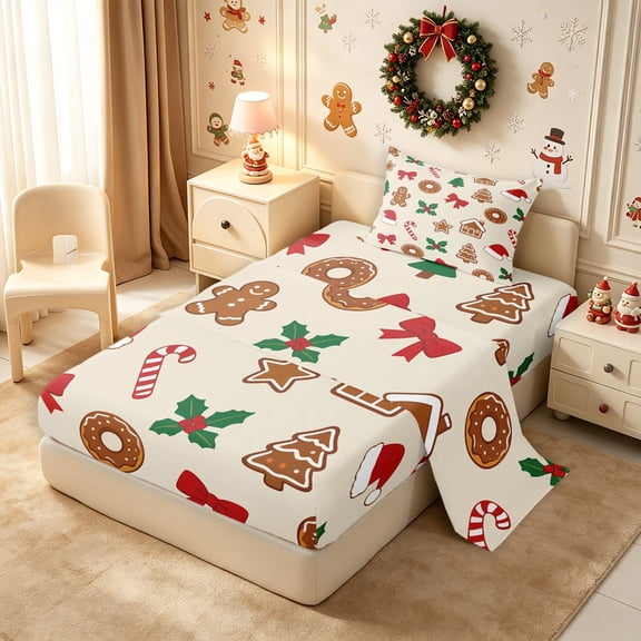 Erosebridal Xmas Gingerbread Bow Twin Sheets 3pcs,Merry Christmas Bedding,Khaki,1 Flat Sheet, 1 Fitted Sheet and 1 Pillowcase