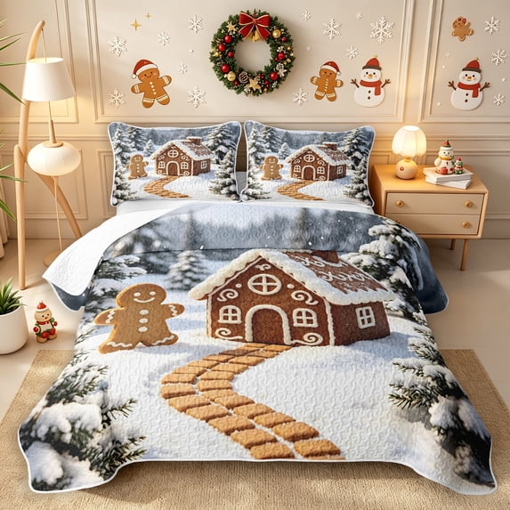Erosebridal Xmas Gingerbread Twin Quilt Set 2 Pieces,Merry Christmas Twin Coverlet Set,White Green,1 Bedspread and 1 Pillowcase
