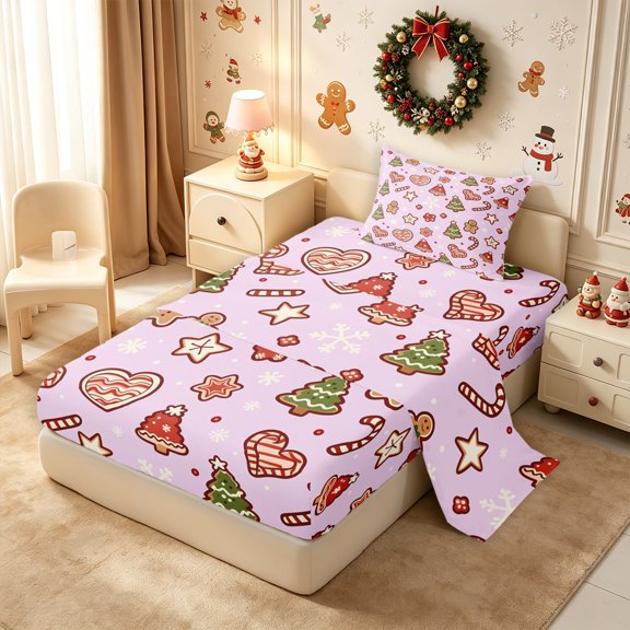 Erosebridal Xmas Gingerbread Twin Sheets 3pcs,Merry Christmas Bedding,Lilac,1 Flat Sheet, 1 Fitted Sheet and 1 Pillowcase