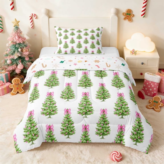 Manfei Xmas Tree Twin Comforter Sets Christmas Tree Bedding Set, Yellow Green 2pcs 1 Comforter and 1 Pillowcase, Xmas Reversible